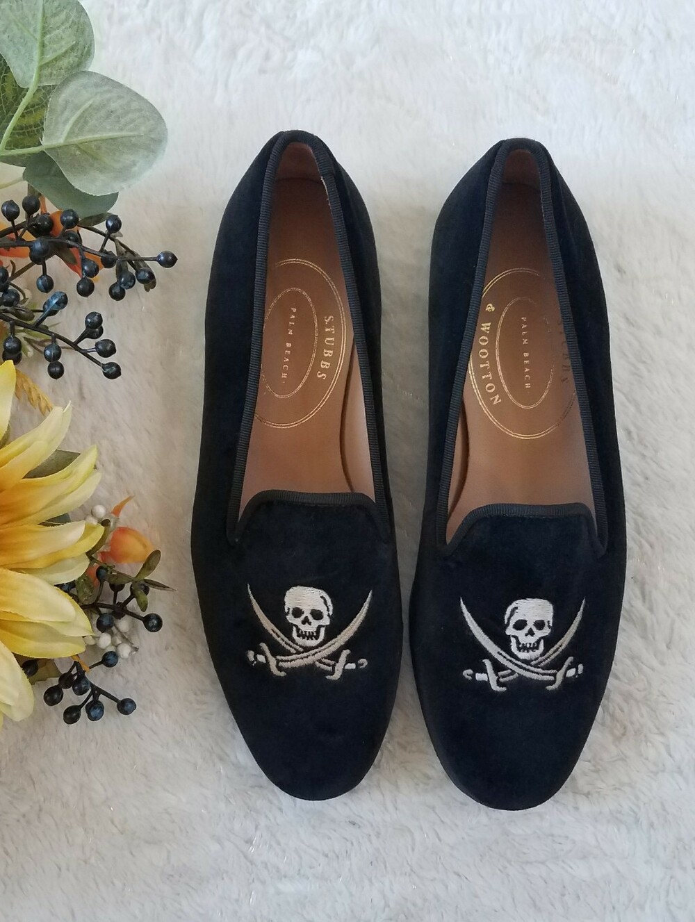 Stubbs & Wootton Skull Black Velvet Loafers